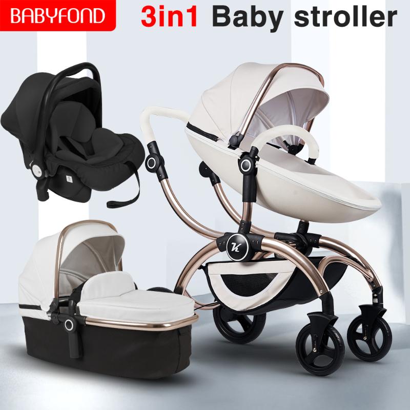 

PU Leather gold frame white baby stroller 360 degree rotation high landscape two-way 3in1 stroller SUV level suspension 2020 new
