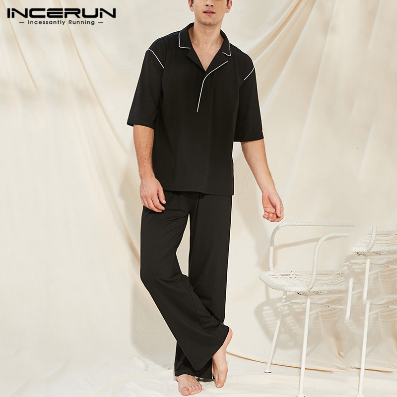 

INCERUN Fashion Men Pajamas Sets Half Sleeve Lapel Leisure Sleepwear Homewear Pants 2 Pieces Solid Comfort Mens Nightwear Suits, Black
