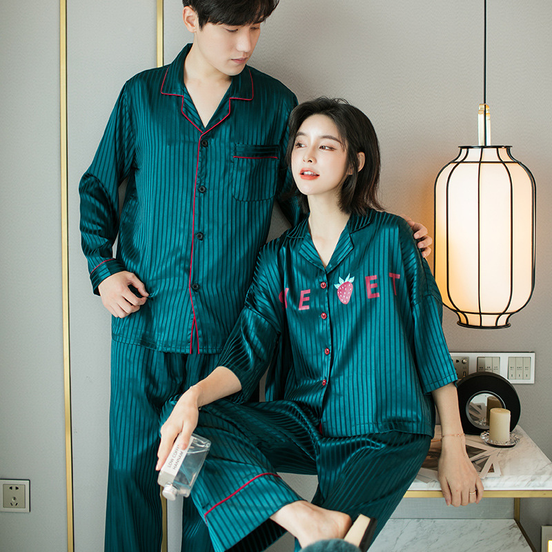 

2020 Spring And Summer Green Satin Silk Couple Pajamas Suit Casual Sleepwear Insta-Famous Lounge Wear Home Clothes Sleep Set, Women 2