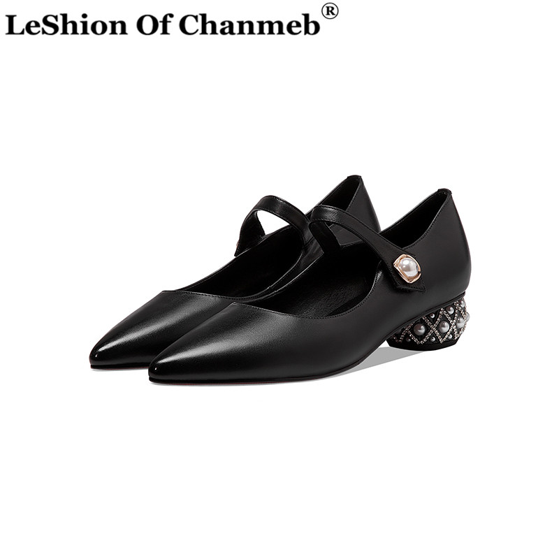 

Women Pumps Natural Genuine Leather Crystal Rhinestone Pearls White Black Heels Mary Jane Shoe Ladies Party Shoes Female Size 42