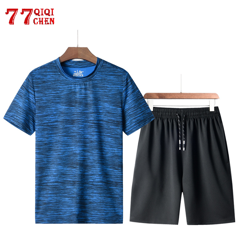 

Fitness Tracksuit Set Men Quick dry Sporting Suit Men Plus Size 8XL Shorts+Tshirt two piece Sets Male Summer Casual chandal, Blue