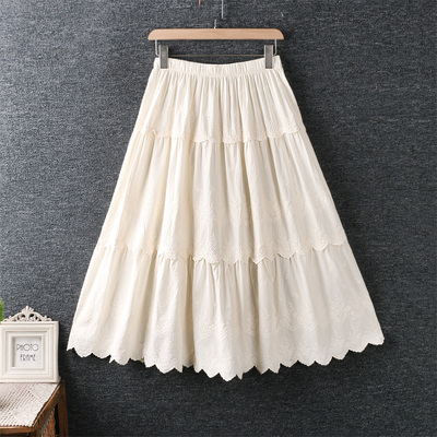 

2020 new summer dress sweet small fresh elastic waist embroidery stitching loose skirt cotton and linen skirt women, Beige