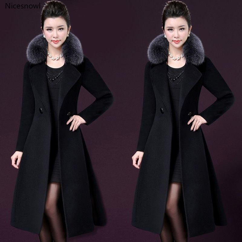 

2020 New Women outerwear Fur collar winter clothing fashion warm woolen blends Slim female elegant Double Breasted woolen coat, Black
