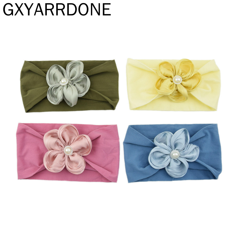 

2020 Floral Turban Pearls Sunflower Baby Headband Wide Nylon Newborn Hairband Bohemia Infant Girls Headwrap Hair Accessories, 2 coral pink