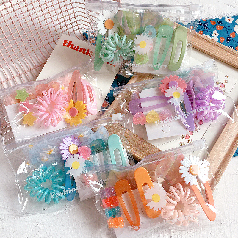

2020 New 6 Pce/Set Small Daisy Hairpin Sweet Checked Mesh Thick Hair Tie Barrettes for Girl Fashion Children's Hair Accessories