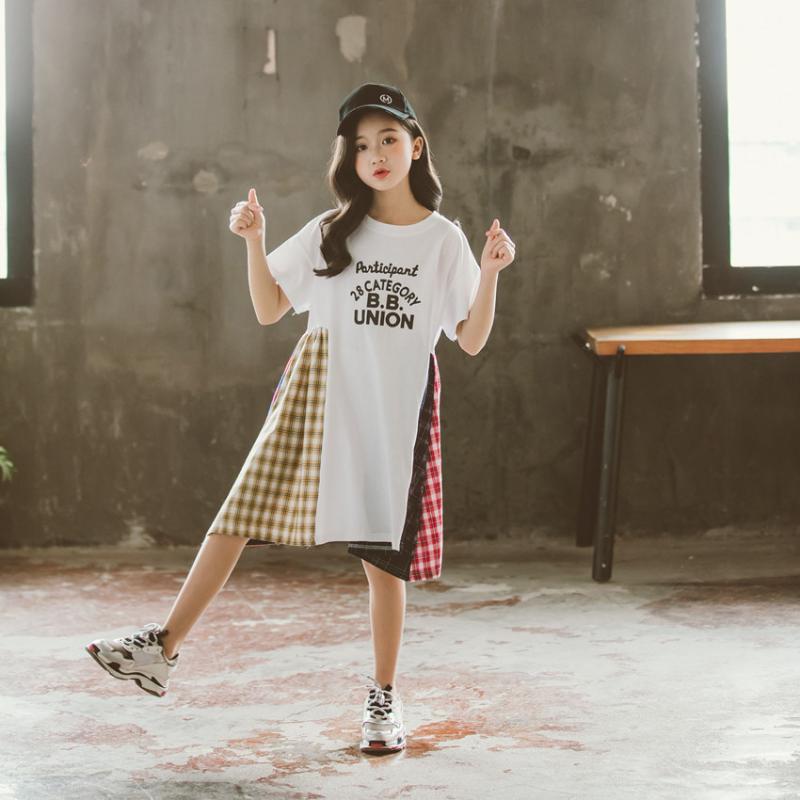 

2020 New Summer Plaid Patchwork Girls Dresses Cotton Children Dresses Loose Baby Girls Casual Letter Printing, #8598, Gray