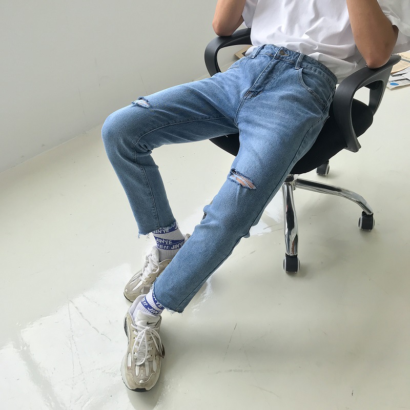 

Men Vintage Broken Hole Fashion Casual Slim Fit Ankle Length Denim Trousers Male Japan Korea Streetwear Hip Hop Jeans Pants, 908
