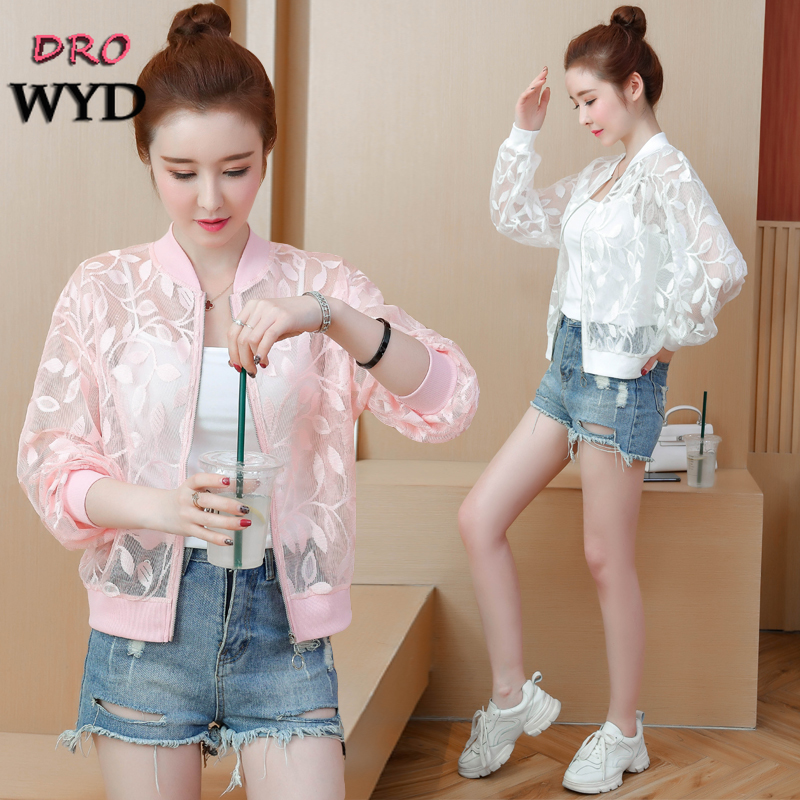 

Summer White Thin Jacket Casual Stand Collar Long Sleeve Female Bomber Jacket Fashion Pink Hollow Sunscreen Cardigan Short Coat