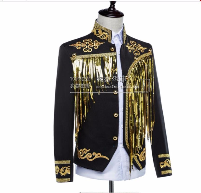 

New Men Clothes Sequins Embroidered Jacket Tassel Singer Stage Costume Drama Formal Dress Blazers, Black