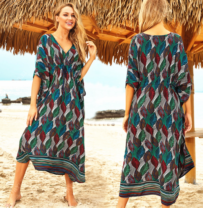 

Leaf Print Beach Cover up Tunics for Beach Chiffon Long Kaftan Bikini Cover up Robe de Plage Sarong Wrap Swimsuit coverup, Multi