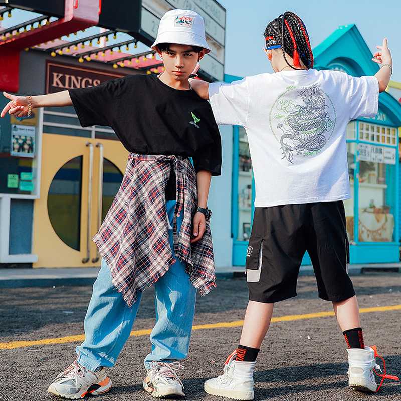 

Chinese Style Dragon Print Hip Hop Costume Kids Street Dancing Wear Ballroom Practice Tops/Pants Girls Summer Loose Suit BL4296, Blue top