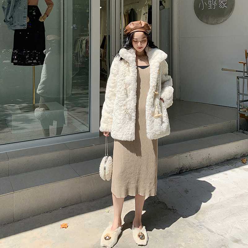 

2020 winter new Korean style loose casual fashion warmth and thick temperament elegant mid-length sheep sheared fur coat, White