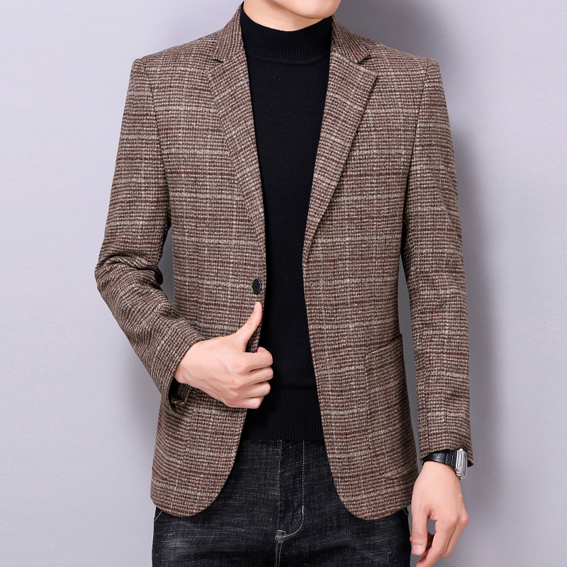 

Man Smart Casual Blazer Navy Blue Camel Plaid Woolen Costumn Homme Autumn Winter Checked Pattern Blazers Mens Classic Clothings