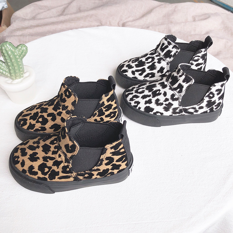 

Leopard Boots Girls Children Shoes Convas Winter Flattie Casual Kids High-Top Sneaker Student Fashion Tiger Print Short, White