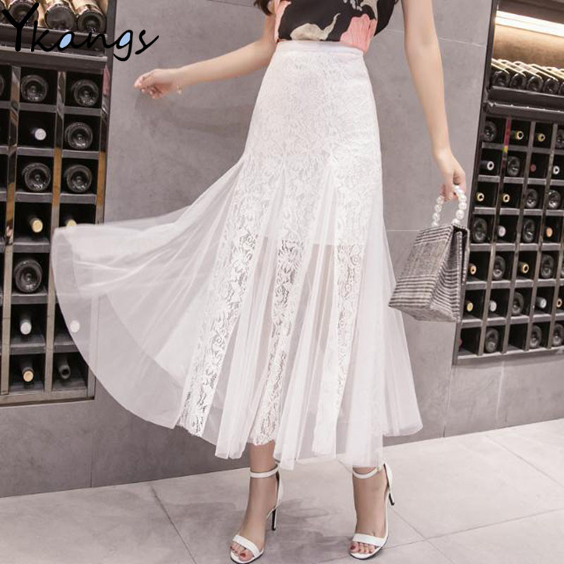 

Women White Black Lace Skirt High Waist Slim Midi Mermaid Classy Length Skirts Female Package Hip Jupes Falad Office Elegant