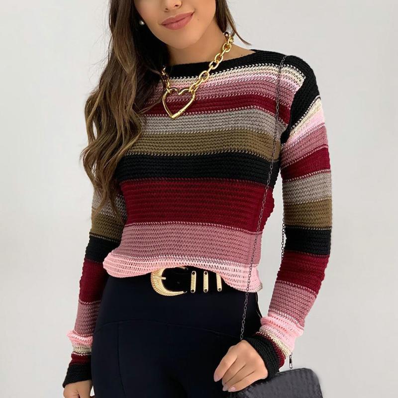 

2020 Autumn Winter Sweater Women Knitted High Elastic Jumper Women Sweaters And Pullovers Female Stripe Tops Lady Knitwear, Pink