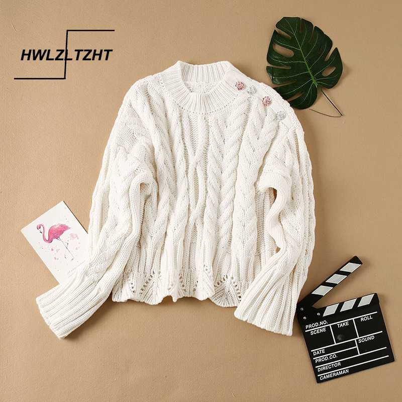 

HWLZLTZHT Women Knitted Sweater Autumn Plus Size Women Clothing Button Elegant Sweater O Neck Pullover Soft Femme Knitwear, White