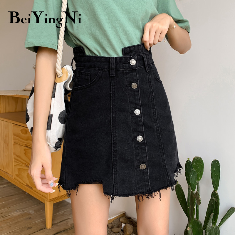 

Beiyingni Black Casual Denim Skirts Womens Solid Color Single-breasted Destroy Irregular 2020 Skirt M-4XL Large Size Jeans Saias