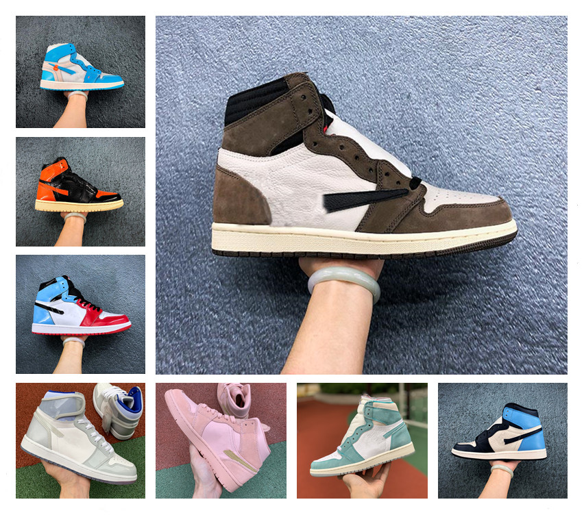 

2020 Jumpman 1 1s High OG Travis Scotts obsidian UNC Basketball Shoes Mens Chicago Dirty Pink Toes Smoky gray designer sports sneakers, 27