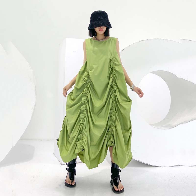

Punk Dress Women Green Drawstring Pleated Long Dress New Round Neck Sleeveless Loose Fit Sleeveless Vest High Street, Cnl0324-black