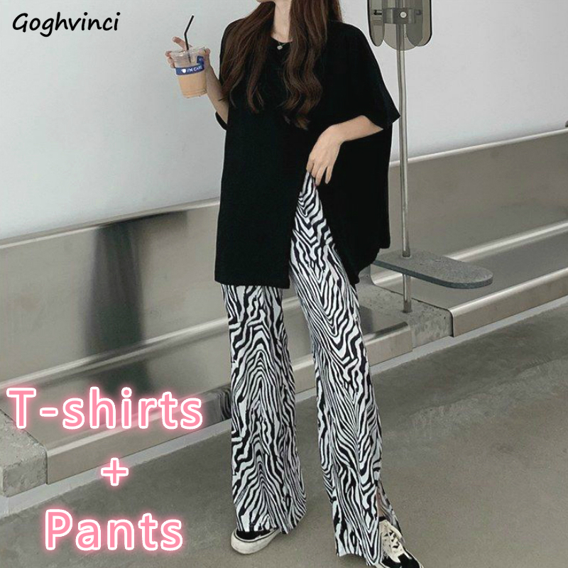 

Women Sets Solid Side-slit Short Sleeve T-shirts Chic Zebra Stripe Thin Pants Summer Womens All-match Casual 2 Pieces Outfit New, White t-shirt