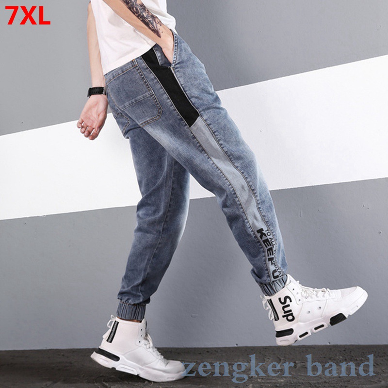 

Plus size jeans men's big size loose stitching Harem pants letters elastic slim feet trousers jeans for men clothes boyfriend, Black