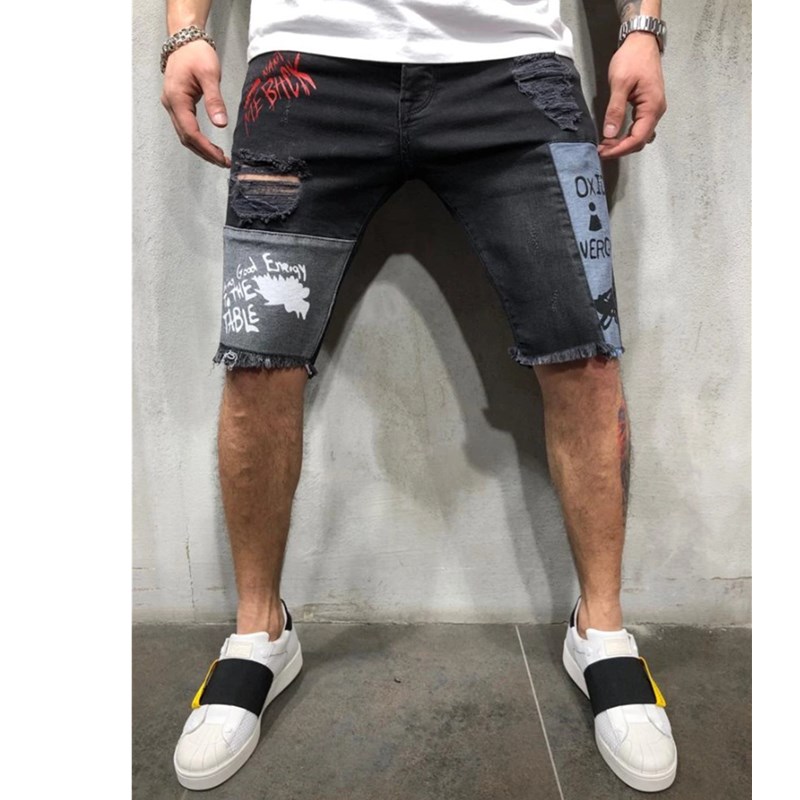 

3 Styles Men Stretchy Ripped Skinny Biker Embroidery Print Jeans shorts Hole Taped Slim Fit Denim Scratched Jeans shorts, White