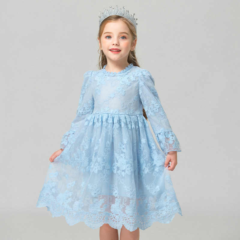 

Lace Mesh Girls Dress Flower Applique Dresses For Girls Princess Formal Party Dress Autumn Long Sleeves Winter 3-8T