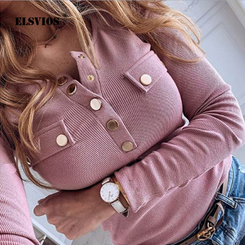

Women' Blouses & Shirts 2021 Elegant Metal Button Blouse Women Solid Autumn Long Sleeve Ribbed Tops Female Sexy V-Neck Slim Pullovers Blusa, Purple