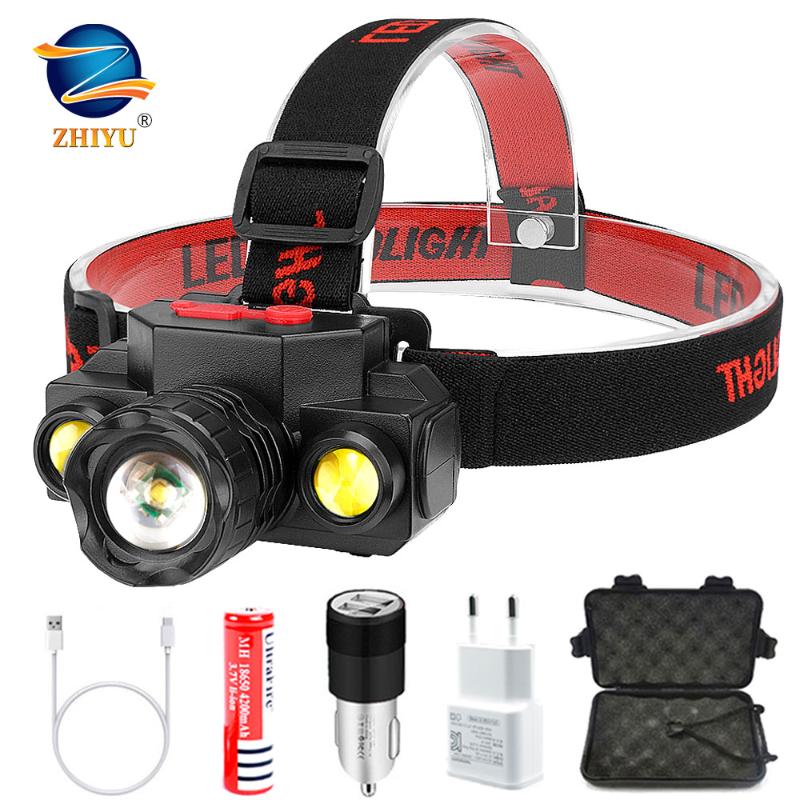 

ZHIYU XPE + 2 * COB Led Fishing Headlight Use 18650 Battery Headlamp Zoom Head Lamp Torch Outdoor Camping Head Light