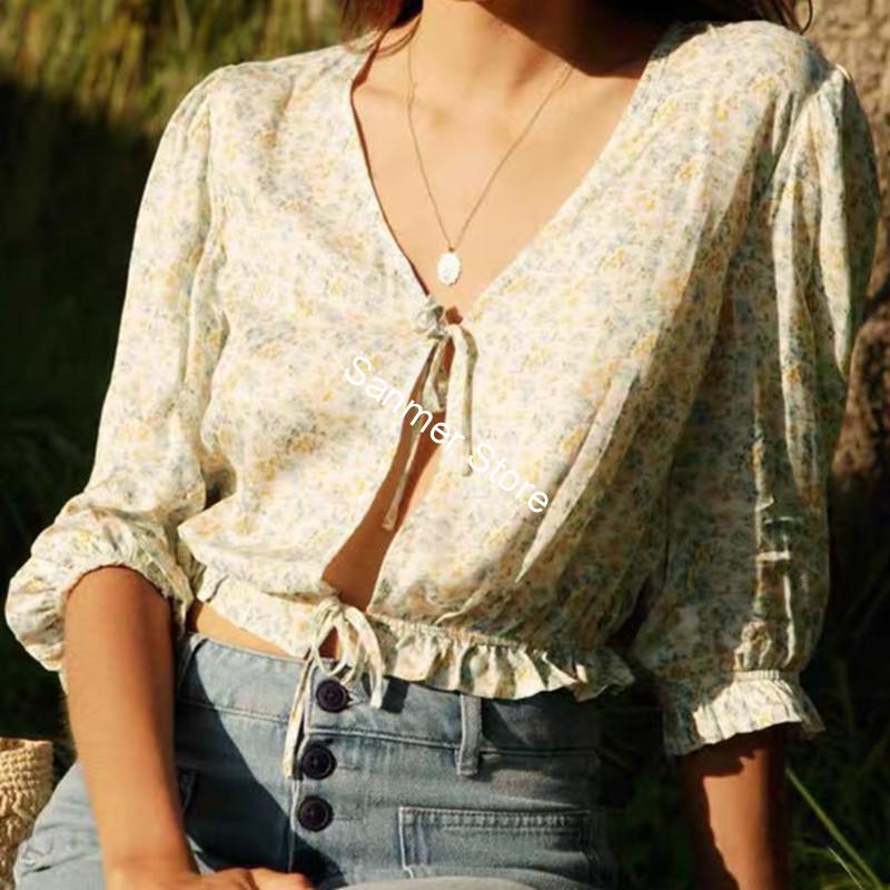 

Women Lace-up Short Blouse V-neck Half Sleeve Ruffles Vintage Floral Printed Lady Shirt &Top 2020 New, As picture shows