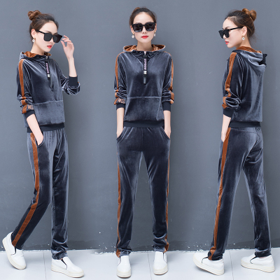 

fashion letter embroidery gold velvet suit female autumn new loose sweater trousers casual ladies sports suit -3XL, Black