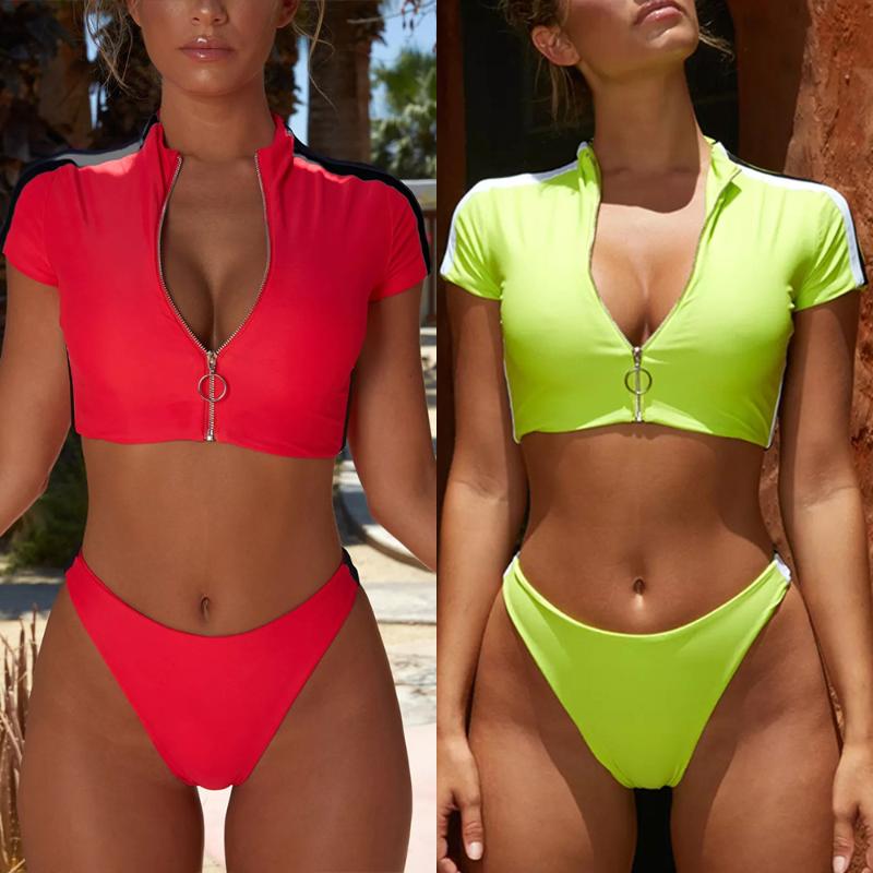 

Top zipper short sleeve solid sexy biquini two piece swimsuit women bikini sets swimwear bathing suit, Green