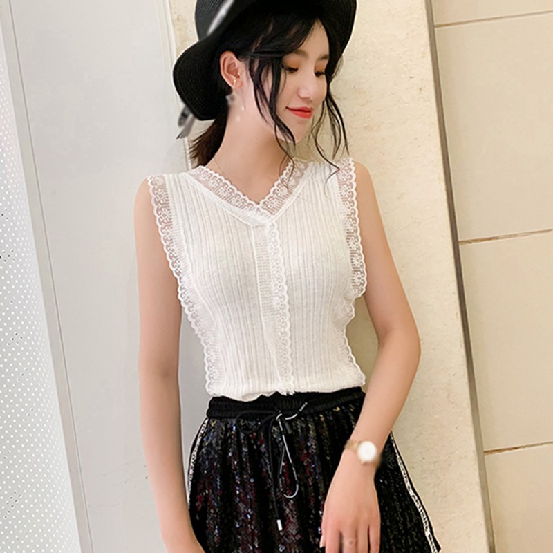 

Fashion Women Fashion Casual Sleeveless Lace Hollow Out Knitted Splice Sweet Tops V-Neck Shirts, Pink