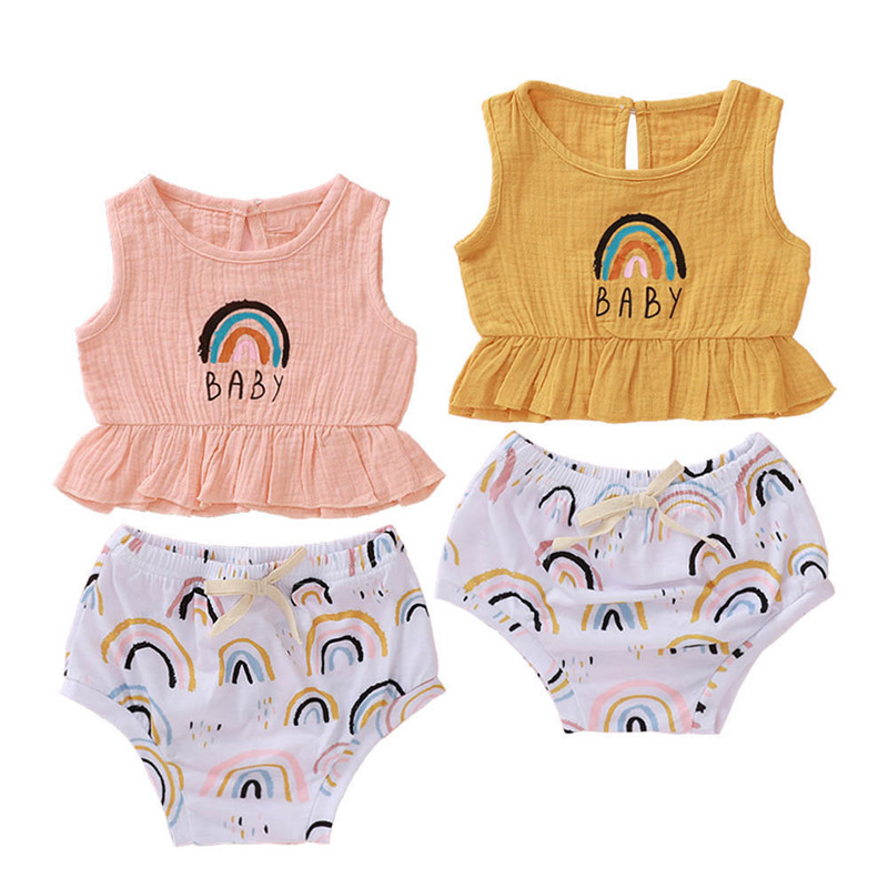 

Infant Newborn Girls 2 Pcs Outfits Sleeveless Rainbow Ruffle Hem Tank Top + Elastic Short Bottom 3-18M, Pink
