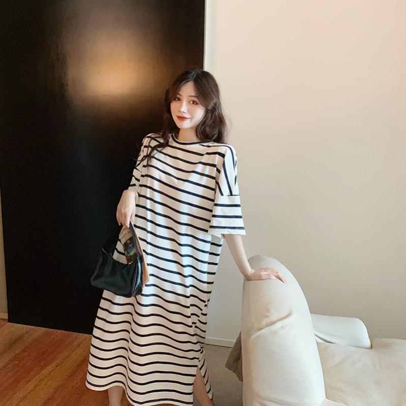 

Short Sleeve Long Loose Maternity Stripe Dress Summer Plus Size Side Split Pregnant Women Cotton Dress 2020 Pregnancy Maxi, Black
