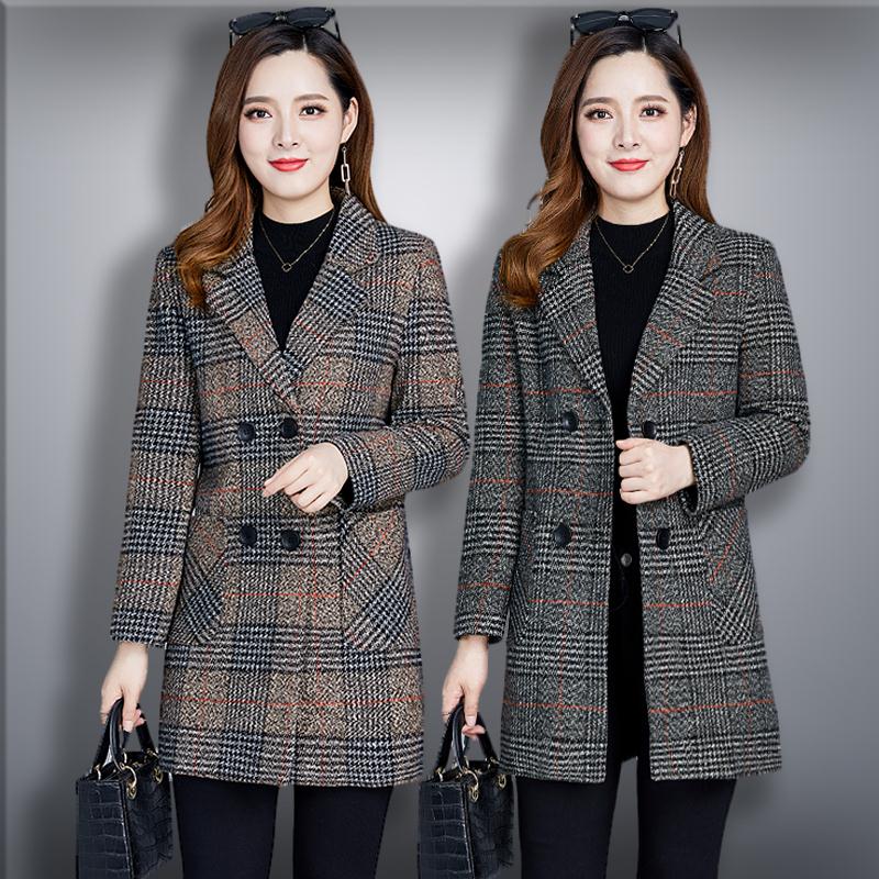 

Middle-aged Women Coat Autumn Winter Jacket New Fashion Plaid Woolen Coat Plus Size -5XL Mid-Long Outerwear Women Basic, Khaki