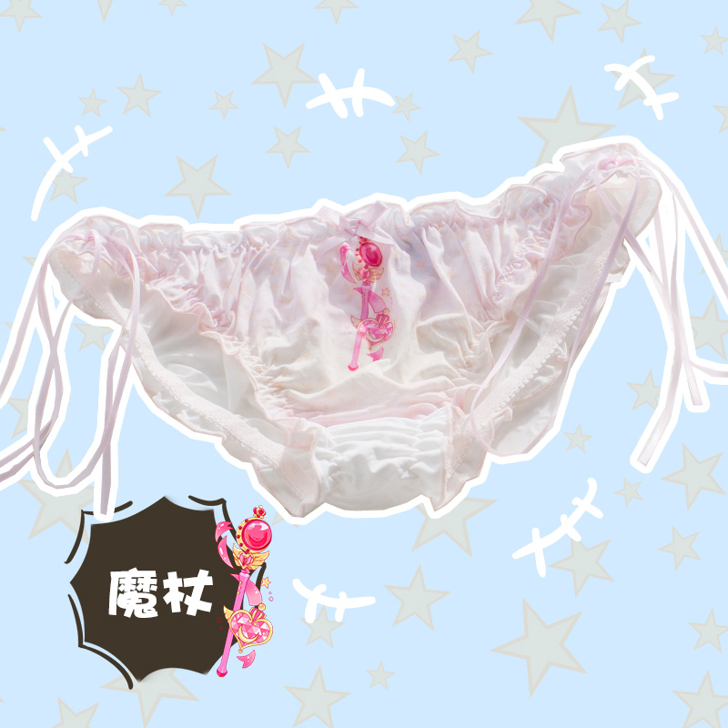 

Sailor Moon Magic Wand Printed Milk Silk Panties Anime Girl Cartoon Underpants Ruffle Lace-up Bow Japanese Sexy Low waist Briefs, White