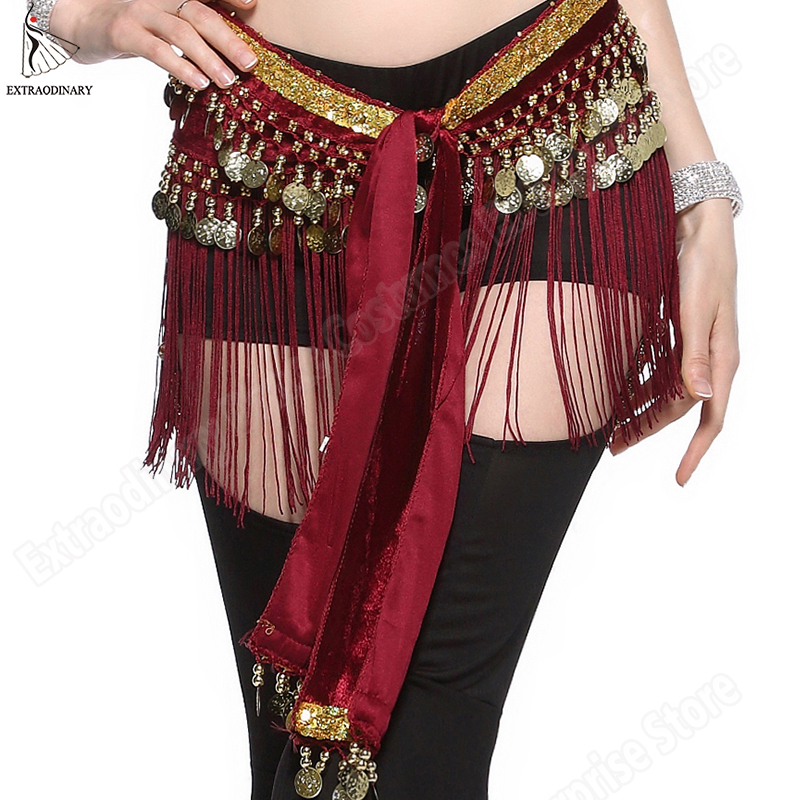 

Women Belt Belly Dance Wrap Coins Tribal Clothes Gypsy Hip Scarf Tassel Costume Accessories Waist Chain Fringe Scarf 4 Colors, Silver-red