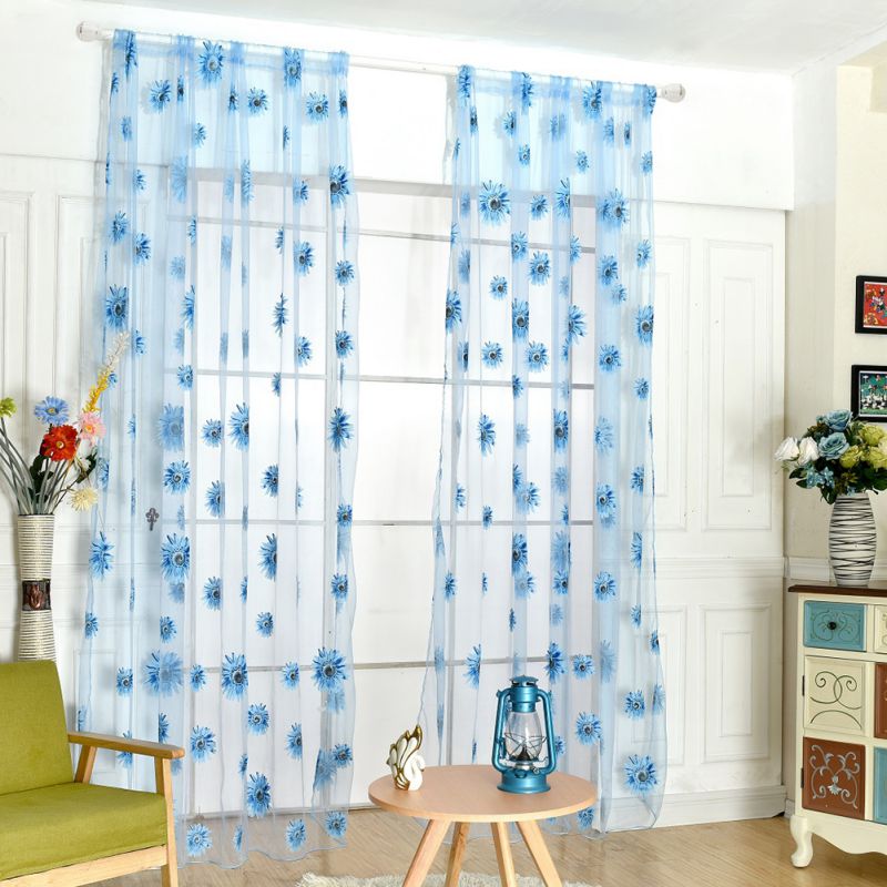 

Floral Pattern Tulle Door Window Curtain Yarn Bedroom Living Room Tulle Modern Sheer Curtain Flocked Luxury Curtains 2 Colors, Blue