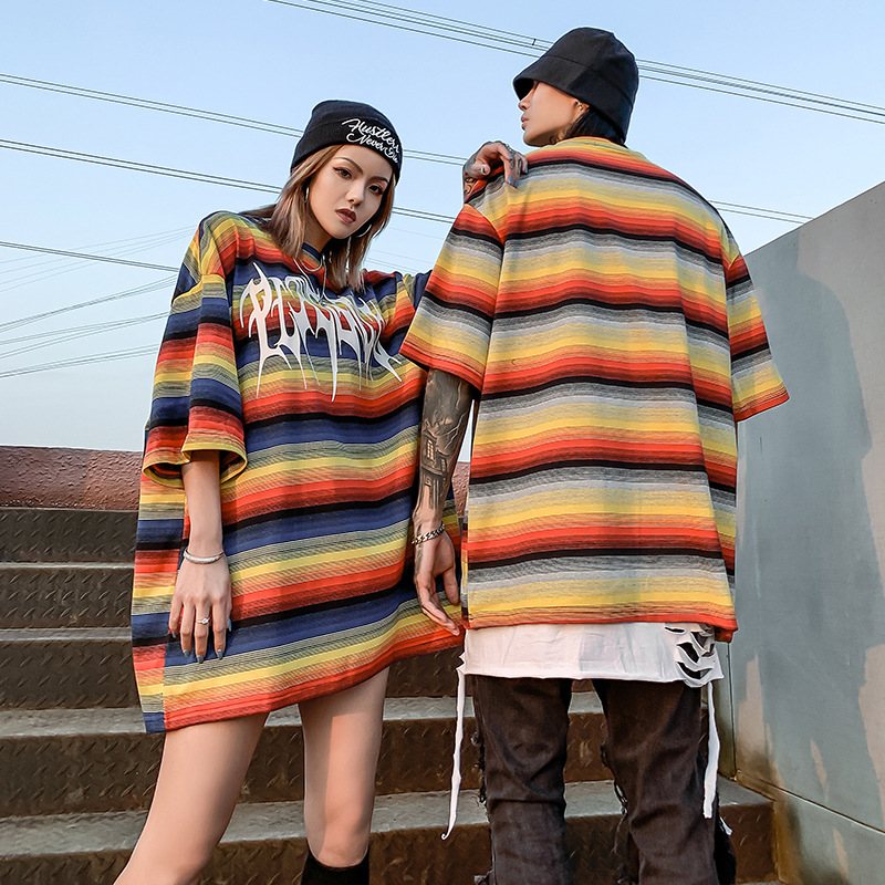 

Men T Shirt Colorful Striped Print Casual Fashion Lovers Loose Hit Color Japanese Retro Cool Harajuku Summer Streetwear SA-8, Blue