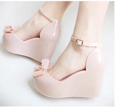 

Ladies Bow Women's Wedge Heel Platform Buckle Jelly High Heels Sandals Shoes J77, Black