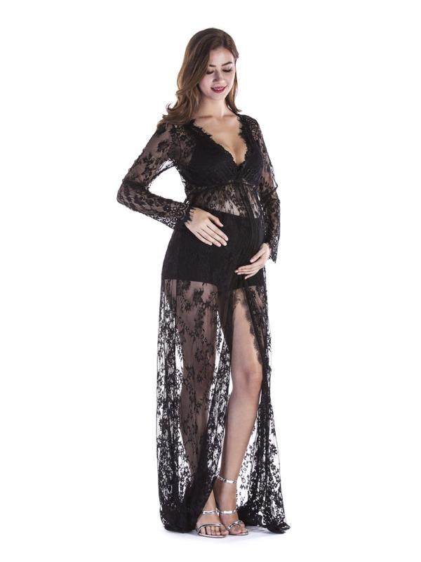 

Classic Maternity Photography Props Pregnancy Dresses For Pregnant Women Clothing Photo Shoot Long sleeve translucentLace Dress, White
