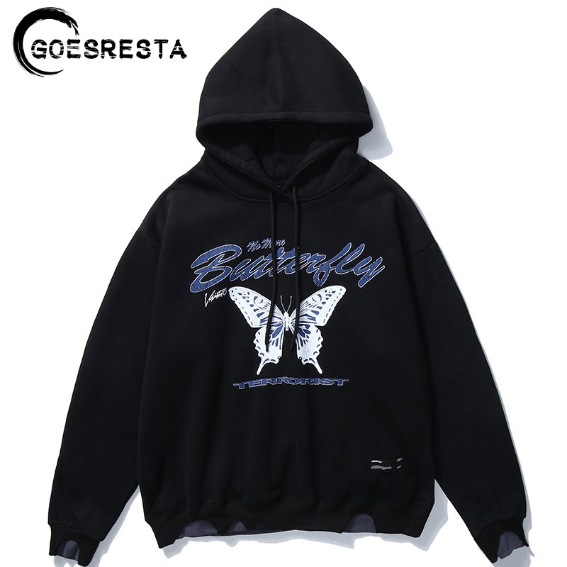 

Hip Hop Men Hoodie Sweatshirt Harajuku Butterfly Pullover Streetwear Casual Autumn Winter Fleece Cotton Hooded Sweatshirt Men, Black