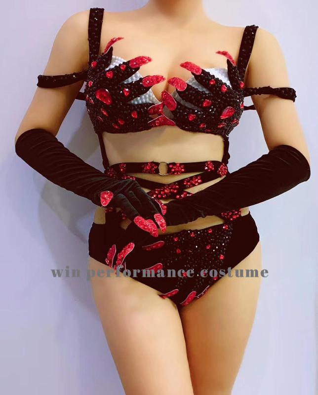 

Talons Glove Black Velvet Rhinestones Bandage Bikini Bodysuit Sexy Nightclub Wear Bar DJ Singer Pole Dance Leotard Costume10345, Multi