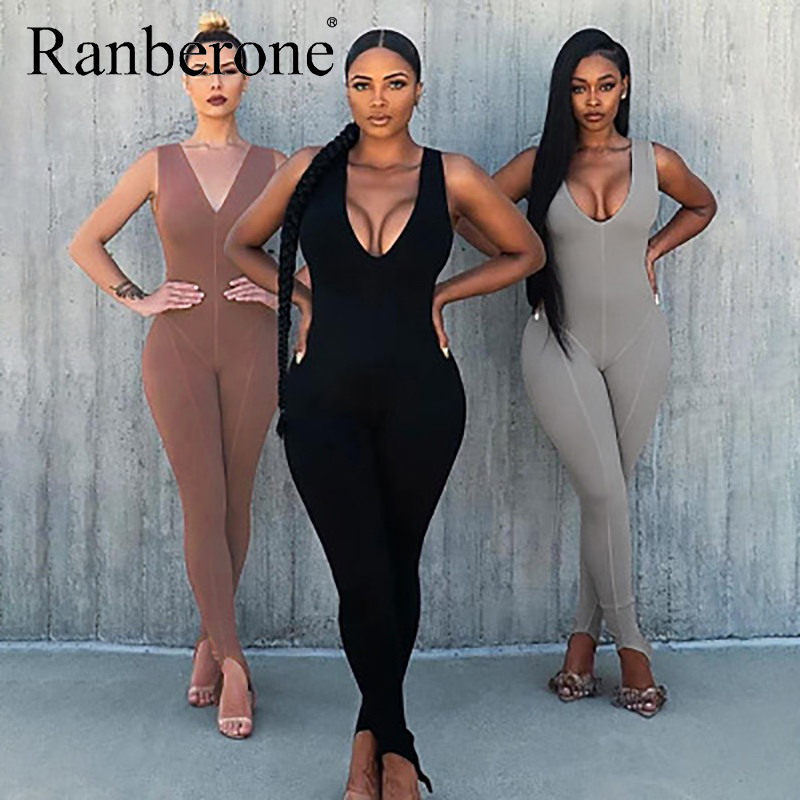 

Ranberone 2020 Women Skinny Bodysuit Sports Wear Workout Solid Playsuit V Neck Jumpsuit Fitness Gym Yoga Set Women' Tracksuit, Grey
