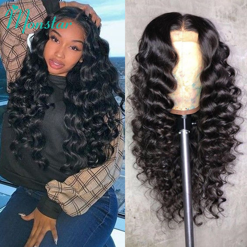 

Monstar Brazilian Loose Wave Lace Front Human Hair Wigs Pre Plucked Glueless Transparent Remy 13x6 Lace Front Wig with Baby Hair, Black