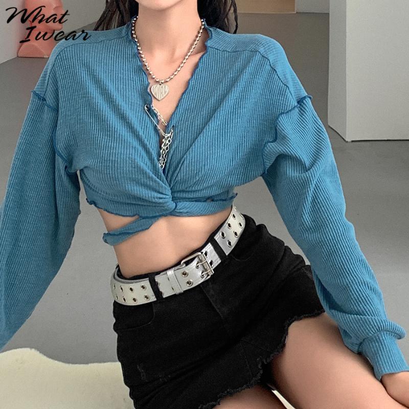 

Women v-neck Casual T-shirts High quality shirt lantern Sleeve autumn 2020 streetwear Loose Female knitted Fabric Tees Harajuku, Blue