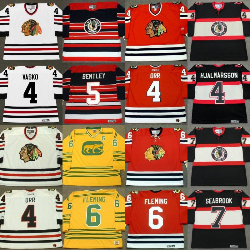 

Chicago Blackhawks BOBBY ORR ELMER VASKO NIKLAS HJALMARSSON MAX BENTLEY EGGIE FLEMING LOU ANGOTTI CHRIS CHELIOS PHIL ESPOSITO Hockey Jersey, 7 doug bentley 1940's