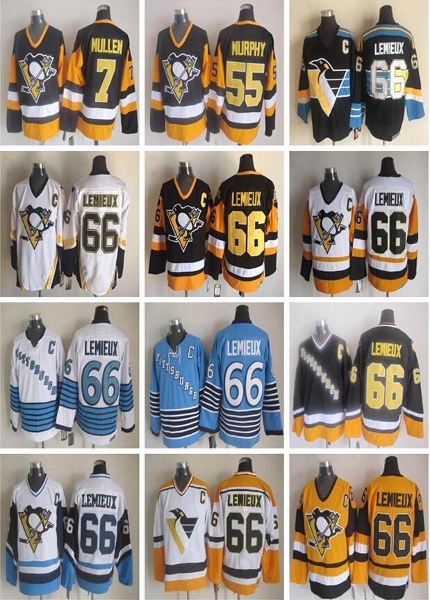 

Retro Pittsburgh Penguins Hockey Jersey 66 Lemieux 7 Joe Mullen 55 Larry Murphy Men CCM Authentic Jerseys Yellow Blue, #55 murphy black